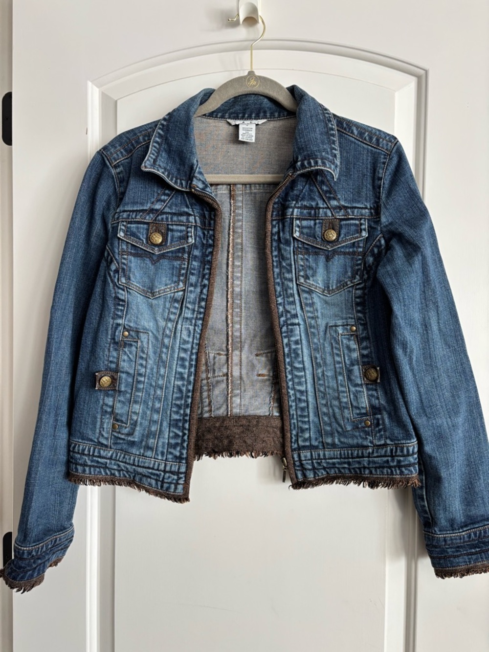 CAbi Blue Denim Jacket with Brown Faux Fur Trim